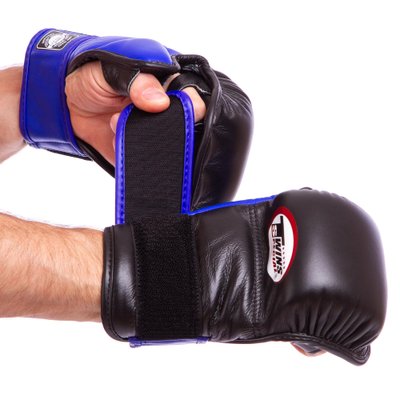 Перчатки гибридные для единоборств ММА кожаные TWINS GGL-1 (р-р M-XL, цвета в ассортименте) GGL-1_Черный-синий_L фото