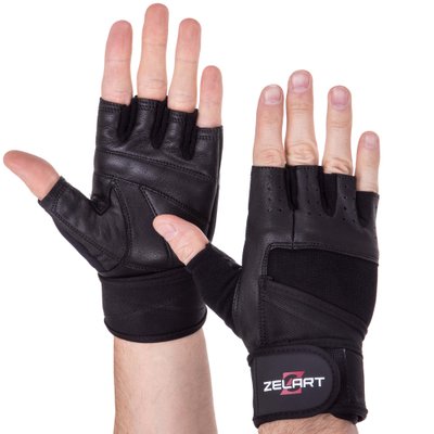 Перчатки для тяжелой атлетики кожаные ZELART SB-161094 (спандекс, хлопок, открытые пальцы, р-р S-XXL, черный) SB-161094_Черный_S фото
