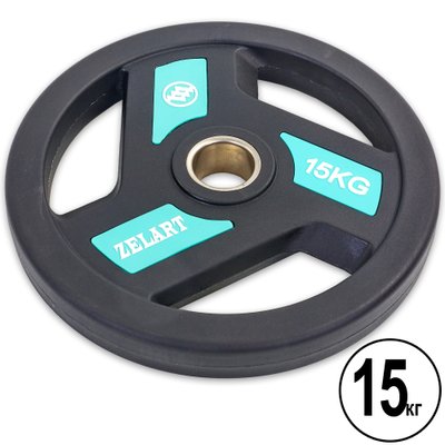 Блины (диски) полиуретановые с хватом и металлической втулкой d-51мм Zelart TA-5344-15 15кг (черный) TA-5344-15 фото