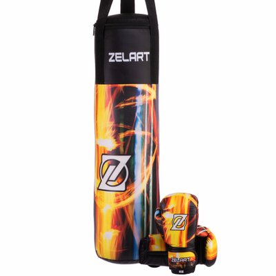 Боксерский набор (перчатки+мешок) Zelart VL-3350 (PVC, ременное крепл., мешок h-80см, d-20см, черный-желтый) VL-3350 фото