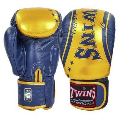 Перчатки боксерские кожаные на липучке TWINS FBGVL3-TW4 (р-р 10-16oz, цвета в ассортименте) FBGVL3-TW4_Синий-золотой_10_унции фото