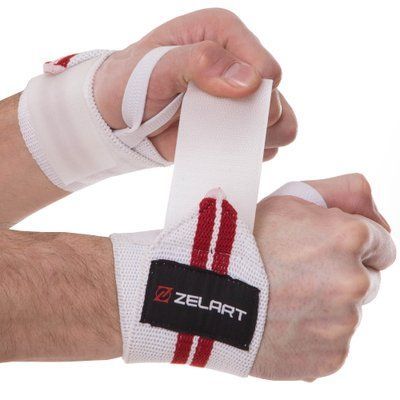 Бинты кистевые для жима (2шт) Zelart SB-167071 (хлопок, р-р регулируемый, белый-красный) SB-167071 фото