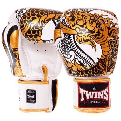 Перчатки боксерские кожаные на липучке TWINS FBGVL3-52 NAGAS (р-р 10-14oz, цвета в ассортименте) FBGVL3-52_Золотой-белый_10_унции фото