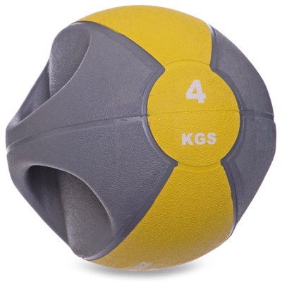 Мяч медицинский медбол с двумя рукоятками Zelart FI-2619-4 4кг (MD1213-4) (резина, d-23см, серый-желтый) FI-2619-4 фото