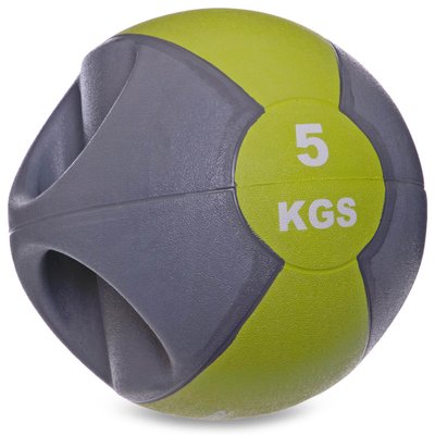Мяч медицинский медбол с двумя рукоятками Zelart FI-2619-5 5кг (MD1213-5) (резина, d-27,5см, серый-зеленый) FI-2619-5 фото