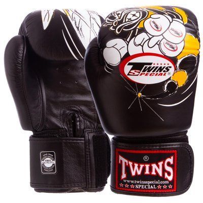 Перчатки боксерские кожаные на липучке TWINS FBGVL3-15 (р-р 10-18oz, черный) FBGV-15-BK FBGVL3-15_10_унции фото