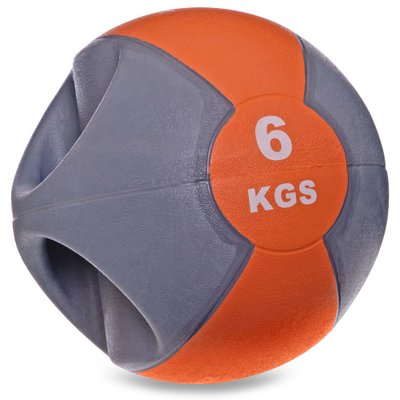 Мяч медицинский медбол с двумя рукоятками Zelart FI-2619-6 6кг (MD1213-6) (резина, d-27,5см, серый-оранжевый) FI-2619-6 фото