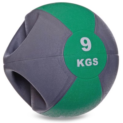 Мяч медицинский медбол с двумя рукоятками Zelart FI-2619-9 9кг (MD1213-9) (резина, d-27,5см, серый-зеленый) FI-2619-9 фото