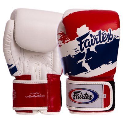 Перчатки боксерские кожаные на липучке FAIRTEX BGV1-THAI THAI PRINT (р-р 10-14oz, белый-синий-красный) BGV1-THAI_10_унции фото