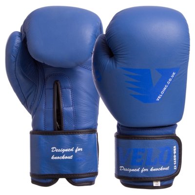 Перчатки боксерские кожаные на липучке VELO VL-8187 (р-р 10-14oz, цвета в ассортименте) VL-8187_Синий_10_унции фото