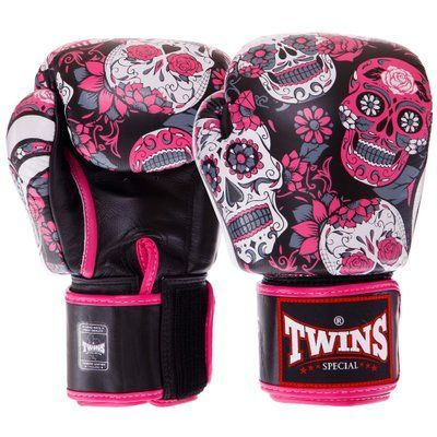 Перчатки боксерские кожаные на липучке TWINS FBGVL3-53 SKULL (р-р 10-14oz, цвета в ассортименте) FBGVL3-53_Розовый-черный_10_унции фото