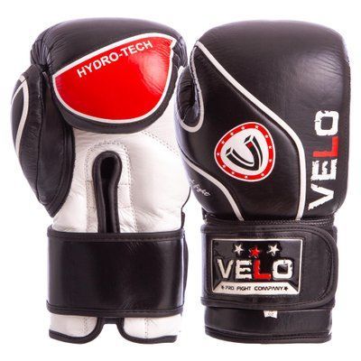 Перчатки боксерские кожаные на липучке VELO VL-8188 (р-р 10-12oz, цвета в ассортименте) VL-8188_Черный-красный_10_унции фото